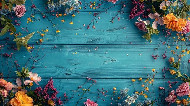Blue wooden surface adorned with assorted floral and foliage elements