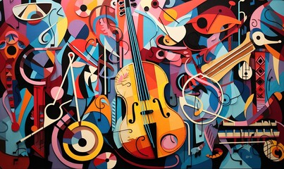 Abstract collage of vibrant cutout images of musical instruments and notes.