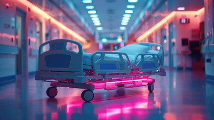 Fototapeta premium Bed on wheels for seriously ill patients in hospital. Clinic waiting room without him. Hospital corridor with ambulance gurney