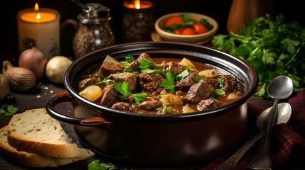 A golden 3D image of beef stew in a pot on a wooden table