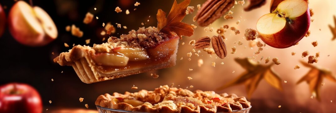 An appetizing image featuring a freshly baked apple pie garnished with autumn spices, evoking homeliness and warmth