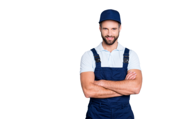 Portrait with copyspace, empty place for advertisement of cheerful positive deliver in blue uniform looking at camera, having his arms crossed, isolated on grey background