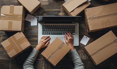 A person's hands preparing cardboard boxes for shipping with a laptop nearby.