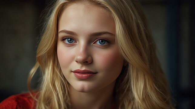 gorgeous picture of 1blonde 18 years old russian girl, beautiful big striking blue eyes, delicate black eyebrows, rosy cheeks, red lips, smiling face very white skin, long wavy black hair cascading 