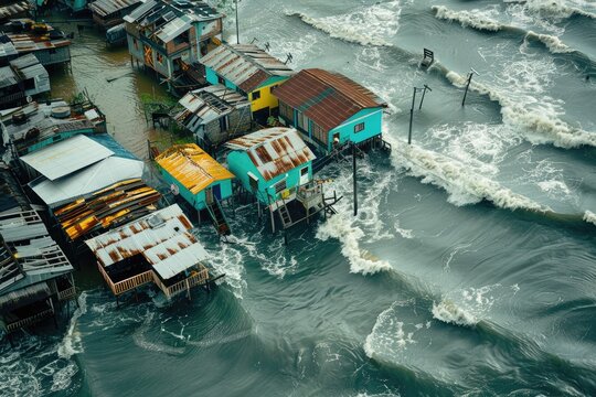 A coastline transformed by sea level rise and coastal erosion, with buildings and infrastructure gradually succumbing to the encroaching waters