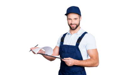 Portrait with copyspace, empty place of positive confident deliver in blue uniform having clipboard with papers in hands looking at camera isolated on grey background