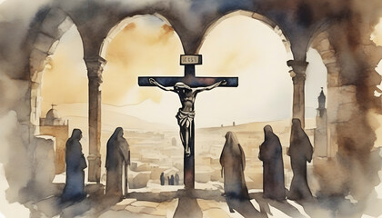 Watercolor painting of Jesus’ Crucifixion at Jerusalem. - obrazy, fototapety, plakaty