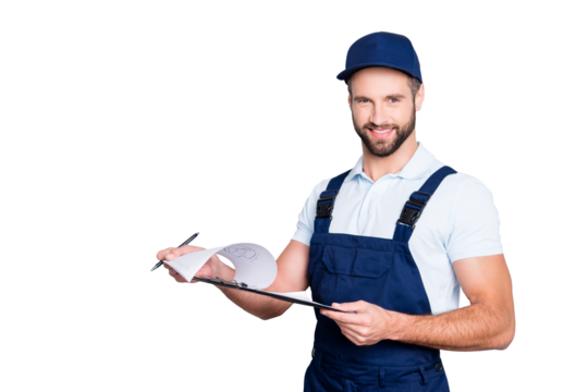 Portrait with copyspace, empty place of positive confident deliver in blue uniform having clipboard with papers in hands looking at camera isolated on grey background - Powered by Adobe