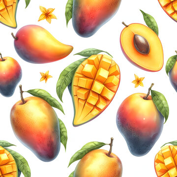 Mango. Botanical watercolor hand drawn illustration. Exotic fruit. Watercolor mango. Seamless pattern