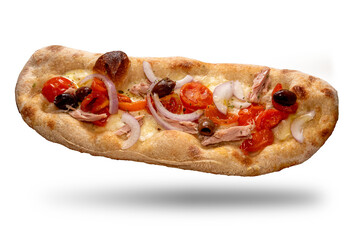 Roman Pinsa, crushed pizza with tuna, tomatoes and onions and olives isolated