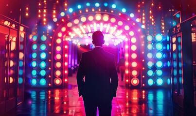 A person from the back in an elegant suit stands in front of the entrance to a casino in neon light.