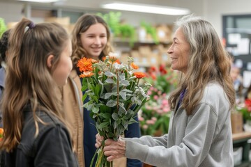 Caucasian teachers receive flowers from students. ai generated