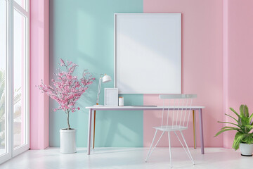 Soft pastel hues blend harmoniously in a sleek office space, with a blank white frame poised to capture the essence of creativity in its purest form.