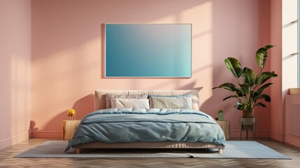 Mockup of canvas on a light wall. Interior mockup with house background. Modern interior design. Empty picture frame in the living room. Generative ai