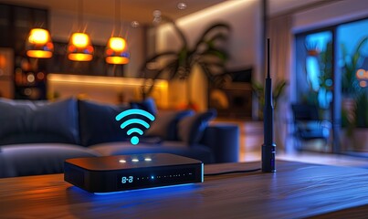 A wifi extender, Blue wifi symbol, Connected smart home.