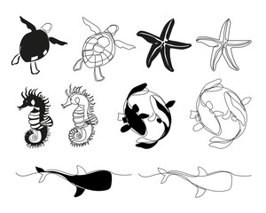 Black silhouette of sea inhabitants on a white background. Vector illustration of tattoo icon set. Whale, seahorse, turtle, goldfish - 791486745
