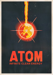Vintage 1950s style poster which represents an atom with the text "ATOM" in English