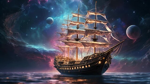 神秘的な夜空と帆船,Generative AI 