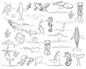 Sea inhabitants in one line art style. Vector illustration set tattoo and design for t-shirt - 791487115