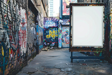 Fototapeta premium Urban alley with graffiti walls and a blank advertising billboard