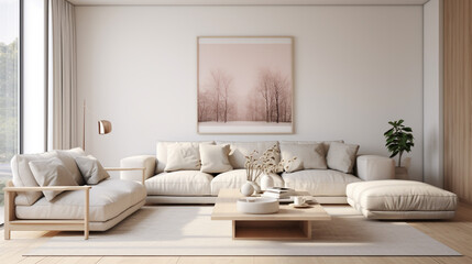 Fototapeta na wymiar Soft neutrals and clean lines define this Scandinavian-inspired interior, with a cozy sofa, minimalist coffee table, and an empty wall space ready for customized decor or personalized artwork.