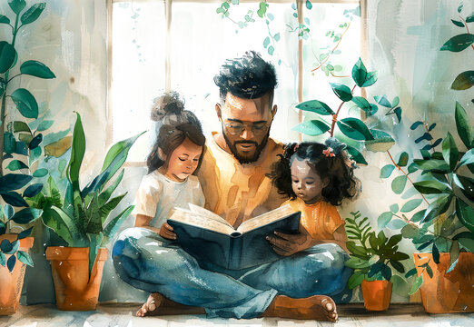 An illustration of father with siblings: two daughters Dad is reading book of fairy tales in cozy room. Happy childhood concept, family activities. Father's day. World book day.
