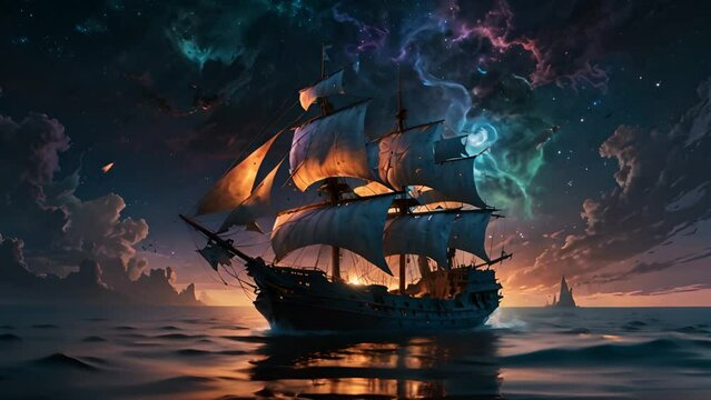 神秘的な夜空と帆船,Generative AI 