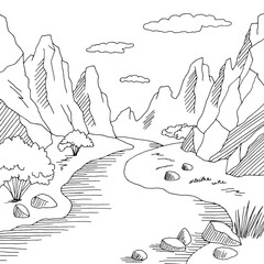 Canyon river graphic black white desert mountain landscape sketch illustration vector 