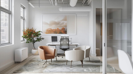 Soft, muted tones create a tranquil atmosphere in a contemporary office space, punctuated by a pristine white frame hinting at the potential for boundless creativity. - obrazy, fototapety, plakaty