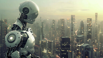 Illustration of a 3D robot in an industrial city