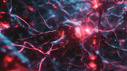 Visualize the intricate neural cells within the brain in a futuristic cyberpunk illustrator style - obrazy, fototapety, plakaty
