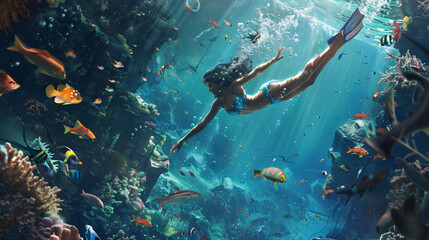 Fantasy woman diving with fishes