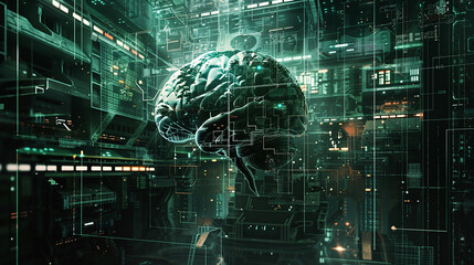 Visualize the intricate neural cells within the brain in a futuristic cyberpunk illustrator style