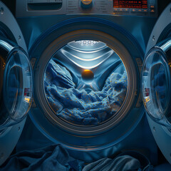 Picture of the inside of a washing machine that is spinning clothes , technology	

