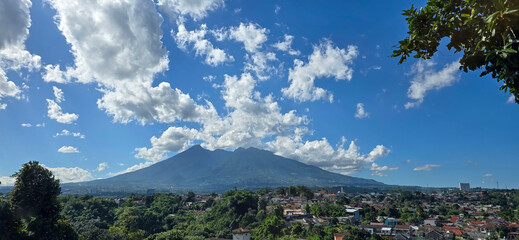 Beautiful landscape morning view of Mount Salak or Gunung Salak taken from batu tulis area in...