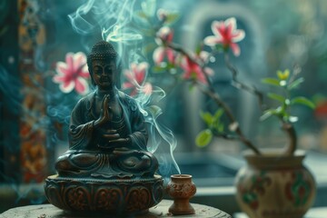Contemplative still life with Buddha statue and incense smoke