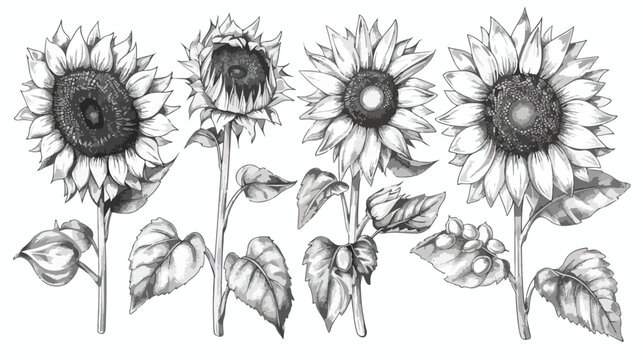 Bundle of elegant botanical drawings of sunflower par