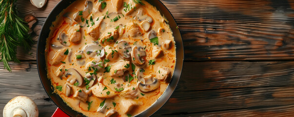 Chicken in creamy sauce with mushrooms in a frying pan, top view, generated ai - obrazy, fototapety, plakaty
