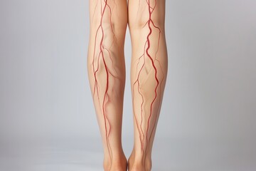 Patient with sign of varicose veins symptoms on a legs. Light background. Leg pain. Phlebology. Venous pathologies of the lower extremities. Human vessel, arteries. Capillaries. Blood system. Banner - obrazy, fototapety, plakaty