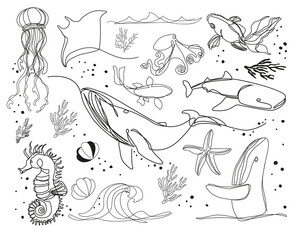Sea inhabitants in one line art style. Vector illustration set tattoo and design for t-shirt on a white background - 791489355