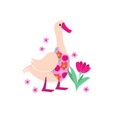 Cute goose and flowers illustration