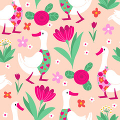 Geese and flowers seamless pattern - obrazy, fototapety, plakaty