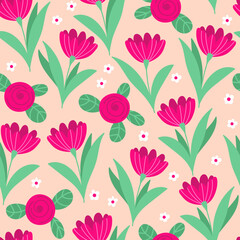 Tulips and roses seamless pattern - obrazy, fototapety, plakaty