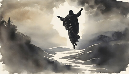 Watercolor painting of Jesus' Ascension to Heaven at Mount of Olives.