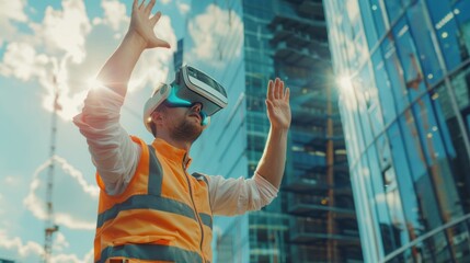 Happy male construction engineer having experience using VR glasses of virtual reality waving isolated on background of futuristic skyscraper. wide angle lens realistic lighting - obrazy, fototapety, plakaty