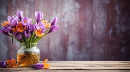 Crocuses in a vase on a wooden table with empty space for card posters
