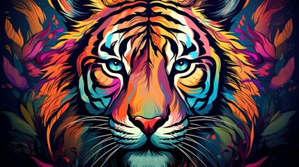 Portrait of tiger. Bright multicolored illustration. Neon tiger on a dark background. Colorful animal face