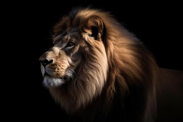 Lion Close-Up Portrait with Regal Pose on Black Background