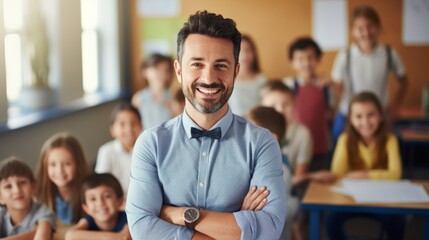 Portrait of happy teacher and student in classroom