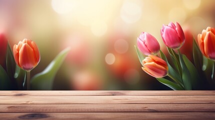 Beautiful tulips wooden table. Blurred background. Copy space
